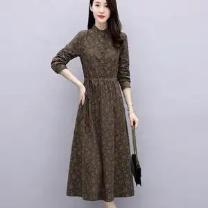 苏杭碎花棉麻连衣裙女2021年春秋抽绳高端收腰显瘦减龄洋气亚麻裙