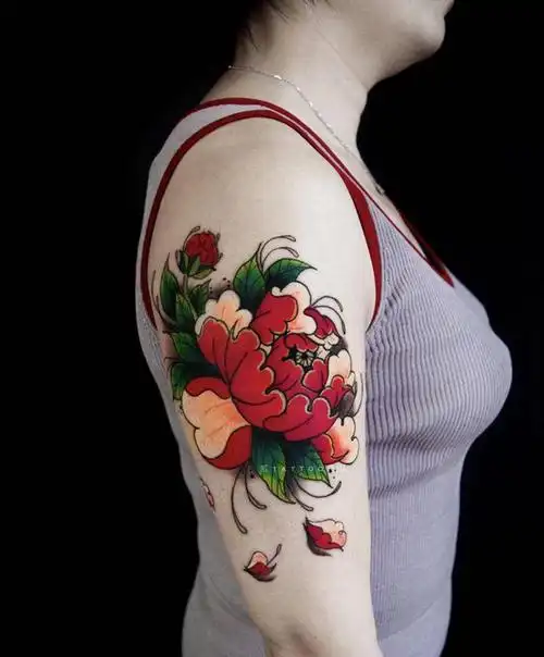 牡丹纹身图片_手臂腿部新传统牡丹花花臂荷花纹身图案