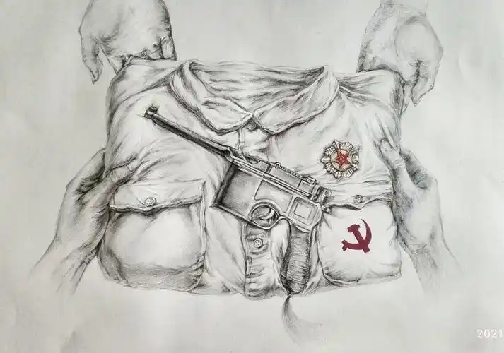 作品以写实速写为创作主题形式,融合"红飘带"元素,串联作品中的核心