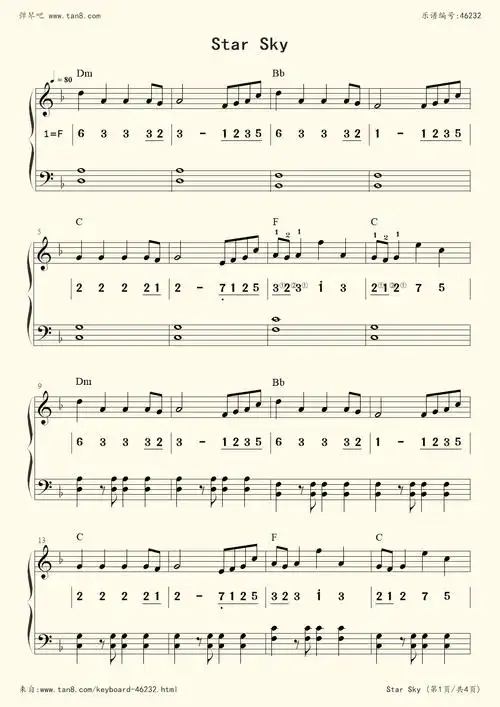 电子琴谱:star sky原调(定制伴奏)