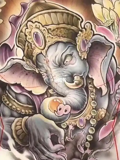 满背彩色象神纹身手稿素材