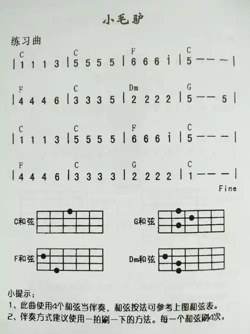 《小毛驴》 写美篇 练习方法: ① 练习c调的尤克里里音阶8遍
