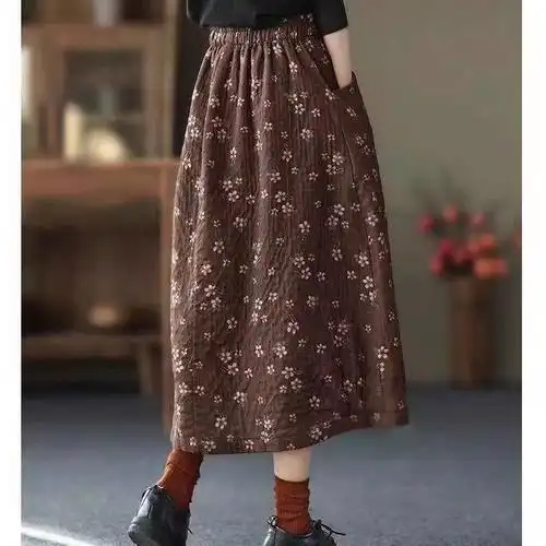 碎花半身裙2024年夏季新款棉麻复古民族风印花高腰宽松花苞裙子潮