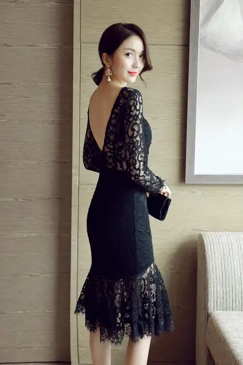 80142# 韩版修身显瘦长袖中长款蕾丝连衣裙-黑色