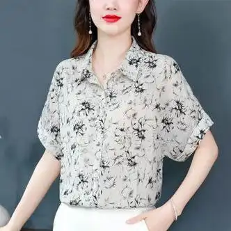 固竞小衫女时尚洋气40岁雪纺衬衫短袖夏季新款衬衣碎花宽松遮肚子花色