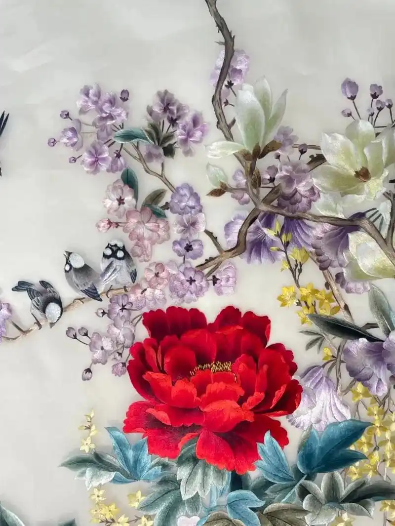 纯手工苏绣精品《牡丹山雀图》绣面尺寸:50*100cm 精品 - 抖音