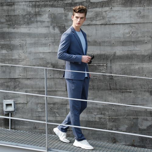 iwode埃沃秋款休闲单西灰蓝色套装弹力舒适西服西服