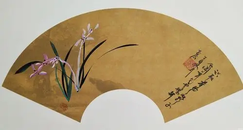国画扇面兰花小品双影子