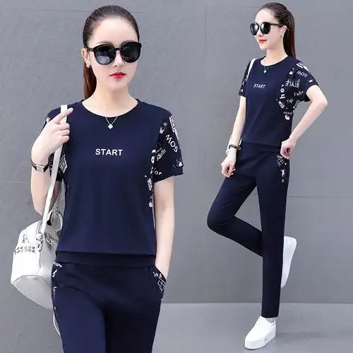 纯棉运动套装女夏装休闲跑步服两件套夏装