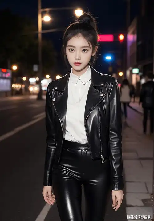 美女壁纸:繁花似锦的夜晚,黑色皮衣女神的时尚魅力_街道_都市_皮夹克