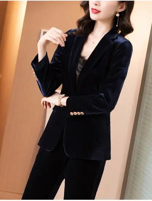 金丝绒套装女西装气质显瘦洋气时尚遮肚子藏蓝色职业总裁小西服时尚