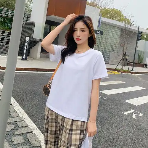 打底衫女式白色t恤女春上衣夏季学生短袖圆领宽松纯棉纯色女装