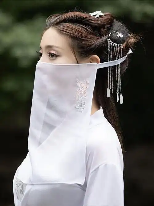 君吻 面纱古风新款古风绣花面纱古装汉服古代仙女超仙飘逸刺绣遮脸珠