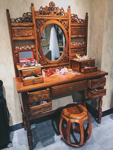 明清仿古家具全实木梳妆台古典中式南榆木化妆台镂空雕花古代复古
