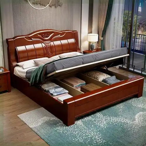 中式实木床工厂直销加厚加粗一米五1米5橡胶木胡桃色储物高箱大床