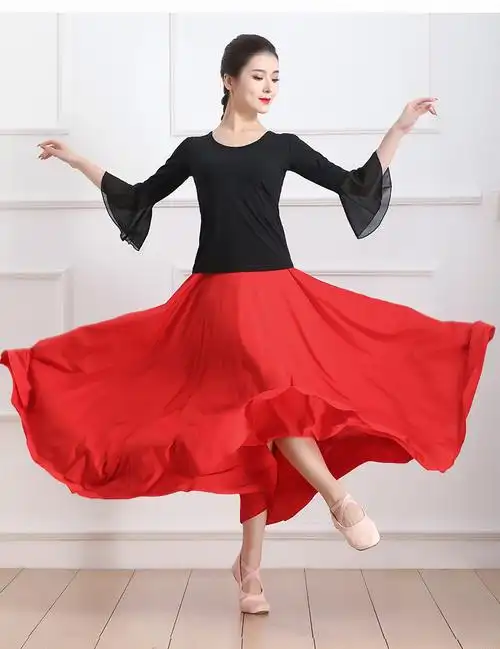 交谊舞半身裙广场舞服装女中老年牛奶丝百褶跳舞长裙色蹈大摆裙黑色