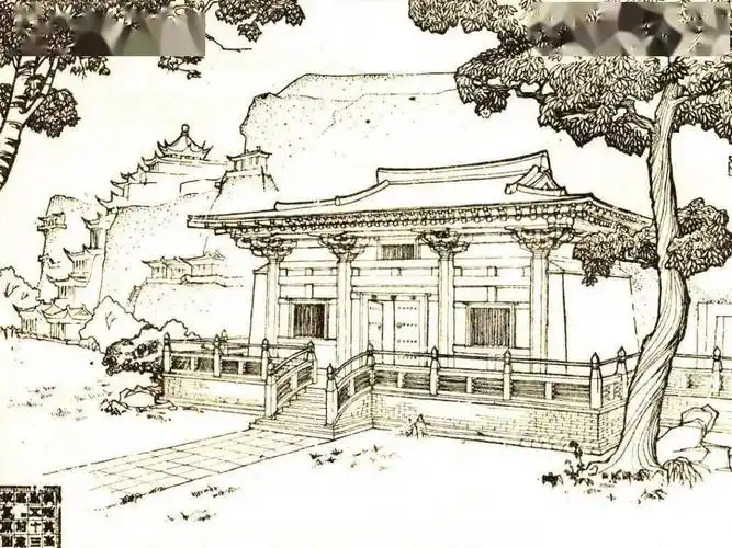 53窟窟前建筑复原图图12/敦煌文书所记窟檐复原图麦积山石窟崖面陡峭