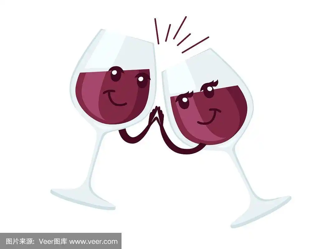 两个酒杯吉祥物与红酒干杯卡通人物设计平面矢量插图在白色的背景