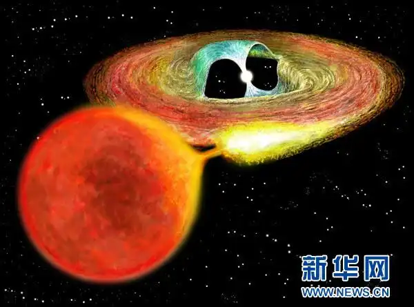 示意图显示,在一个双星系统中,白矮星吞噬其巨星伴侣的物质.
