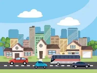 交通概念车与公交车在城市场景前城市景观和房屋卡通矢量插图平面设计