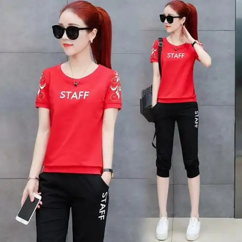 2022新款两件套运动服套装洋气学生时尚休闲短袖女夏季七分裤