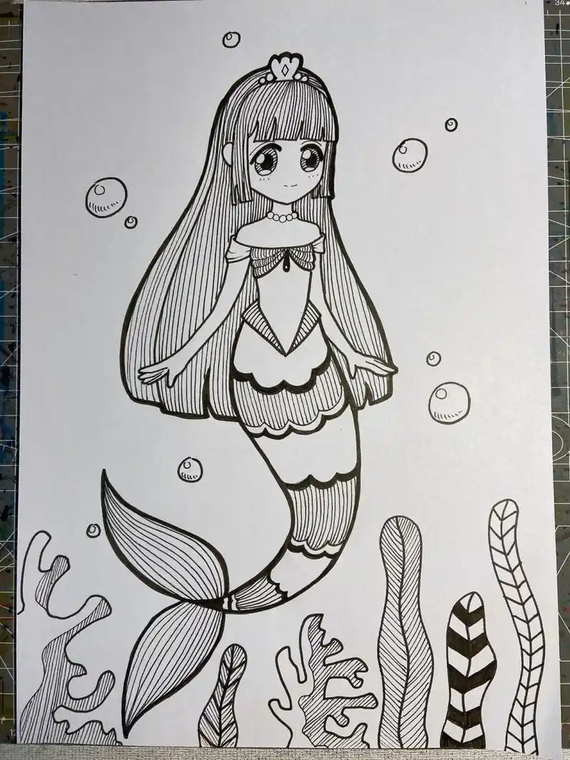 卡通儿童画 美人鱼最近画的很频繁,这款换了衣服,又加点背景,丰富一些