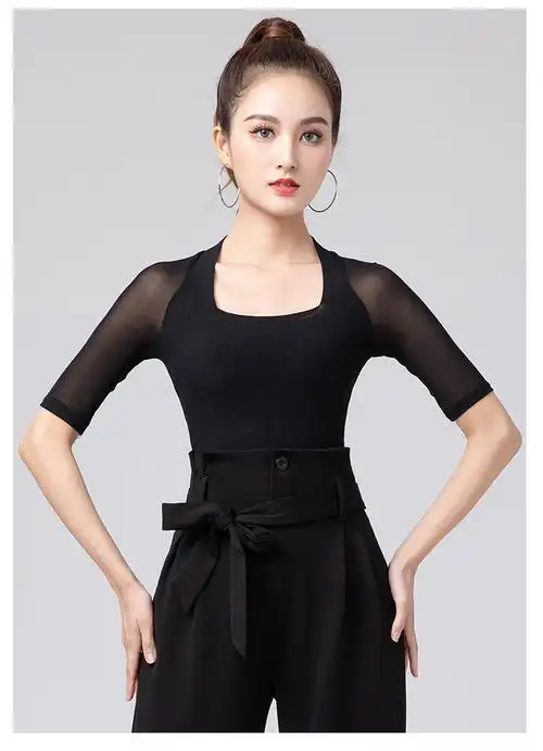 拉丁舞上衣练功服女新款形体训练服装国标交谊舞上装摩登舞衣成人浅