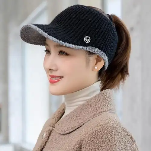 帽子女韩版秋冬时尚百搭女士空顶毛线帽加绒针织保暖冬季鸭舌帽子