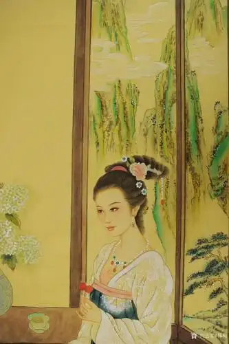 韩梅日志-国画人物工笔画《仕女图》美女吃荔枝,尺寸四尺竖幅68x138