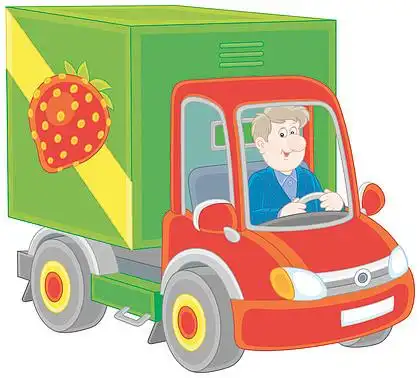 微笑的人驾驶他的卡车与蔬菜和水果, 卡通风格的矢量插图