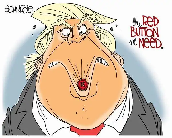 美国总统特朗普被按钮封住了嘴巴,"这才是我们需要的红按钮".