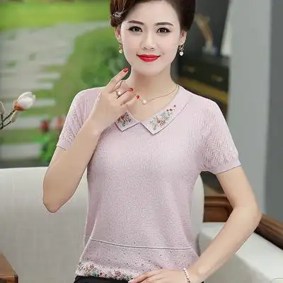 妈妈冰丝针织衫薄款女洋气高贵小衫夏天桑蚕丝宽松t恤衫大码上衣