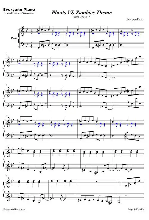 植物大战僵尸背景音乐钢琴版钢琴谱未知plantsvszombies