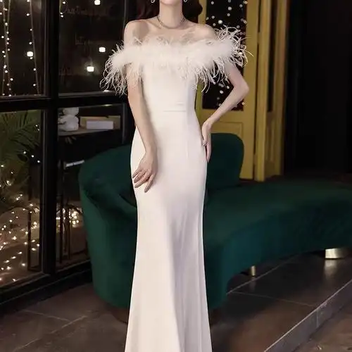 白色晚礼服裙女2020新款年会大气鱼尾高端宴会名媛轻奢气质一字肩