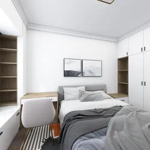 白色的北欧主题下,衣柜,床头柜一体化设计给次卧空间增加了层次氛围.