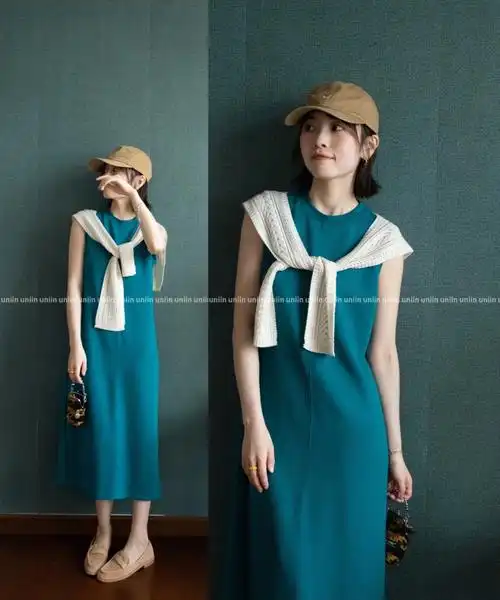 夏日海洋色系孔雀蓝连衣裙显瘦穿搭