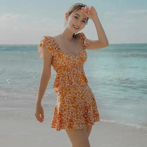 厂家批发时尚女游泳衣 分体裙式可爱聚拢小胸钢托比基尼少女日韩