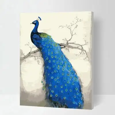diy数字油画客厅风景动物大幅花鸟数码填色手绘油彩装饰画 蓝孔雀