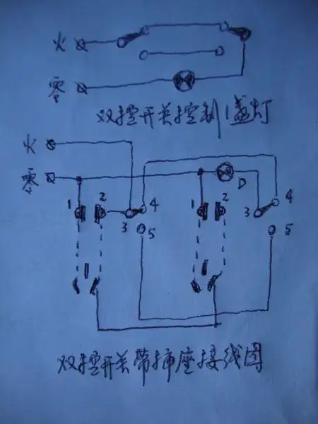 两处控制一个灯,双联单控5孔插座怎么接线,如图每个插座只出来3根线