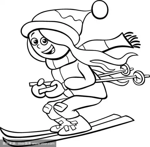 有趣的女孩在滑雪卡通涂色书页