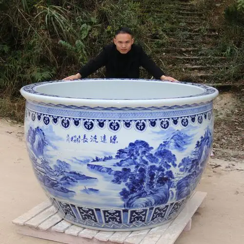 推荐】陶瓷青花鱼缸特大号落地客厅锦鲤荷花睡莲盆老式庭院大缸水缸