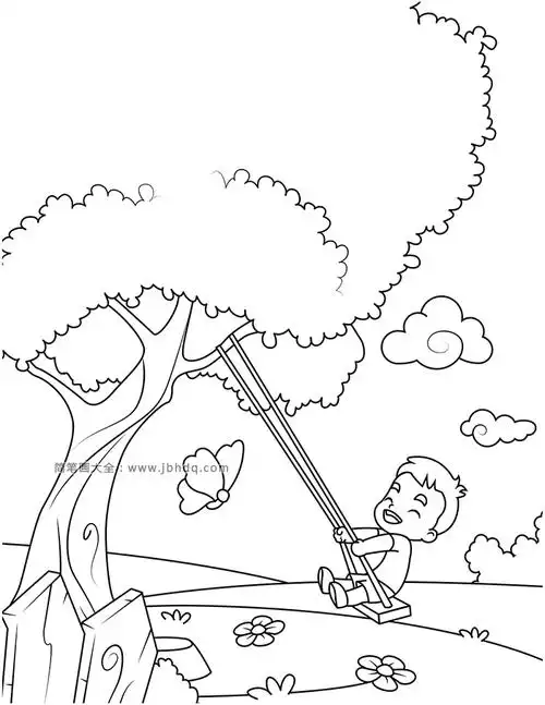 小男孩在大树下荡秋千_春天-简笔画大全