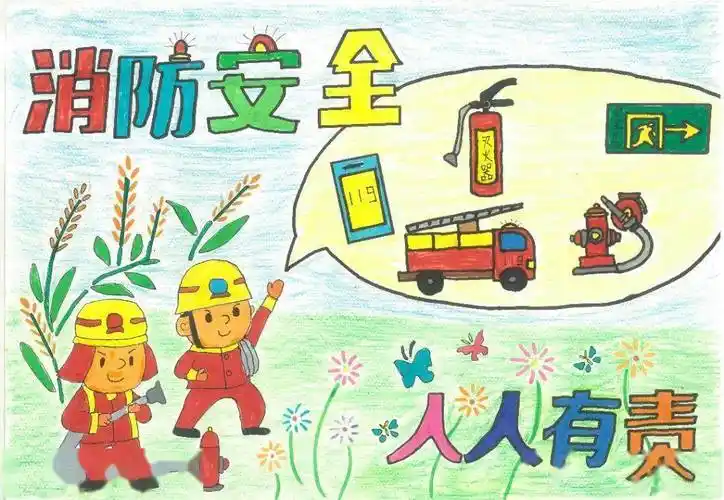 手绘消防梦安全驻心间安全童行添彩119消防宣传月