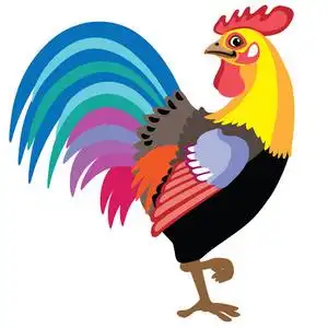 卡通公鸡站在一条腿上. 侧视图孤立矢量插图照片