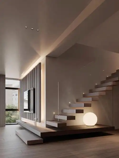 极简温馨别墅悬浮楼梯和挑高客厅太配了