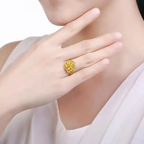 金戒指女牡丹花9999足金戒子纯金妈妈金首饰女款结婚花戒可调