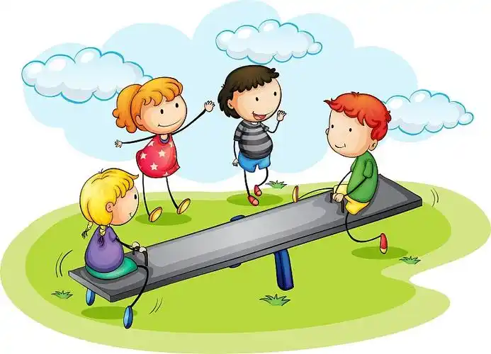 男孩们在公园里玩跷跷板图片素材