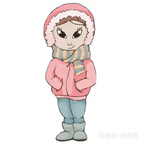 穿粉色冬衣的女孩妇女动画片在冬天敞篷隔离在白色背景