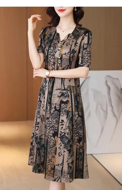 恒源祥连衣裙香云纱真丝连衣裙中老年杭州妈妈丝绸桑蚕丝裙子2022夏装