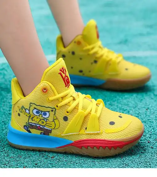 欧文7儿童训练篮球鞋胖男童海绵宝宝6中大童摩擦有声音球鞋 黑白 34